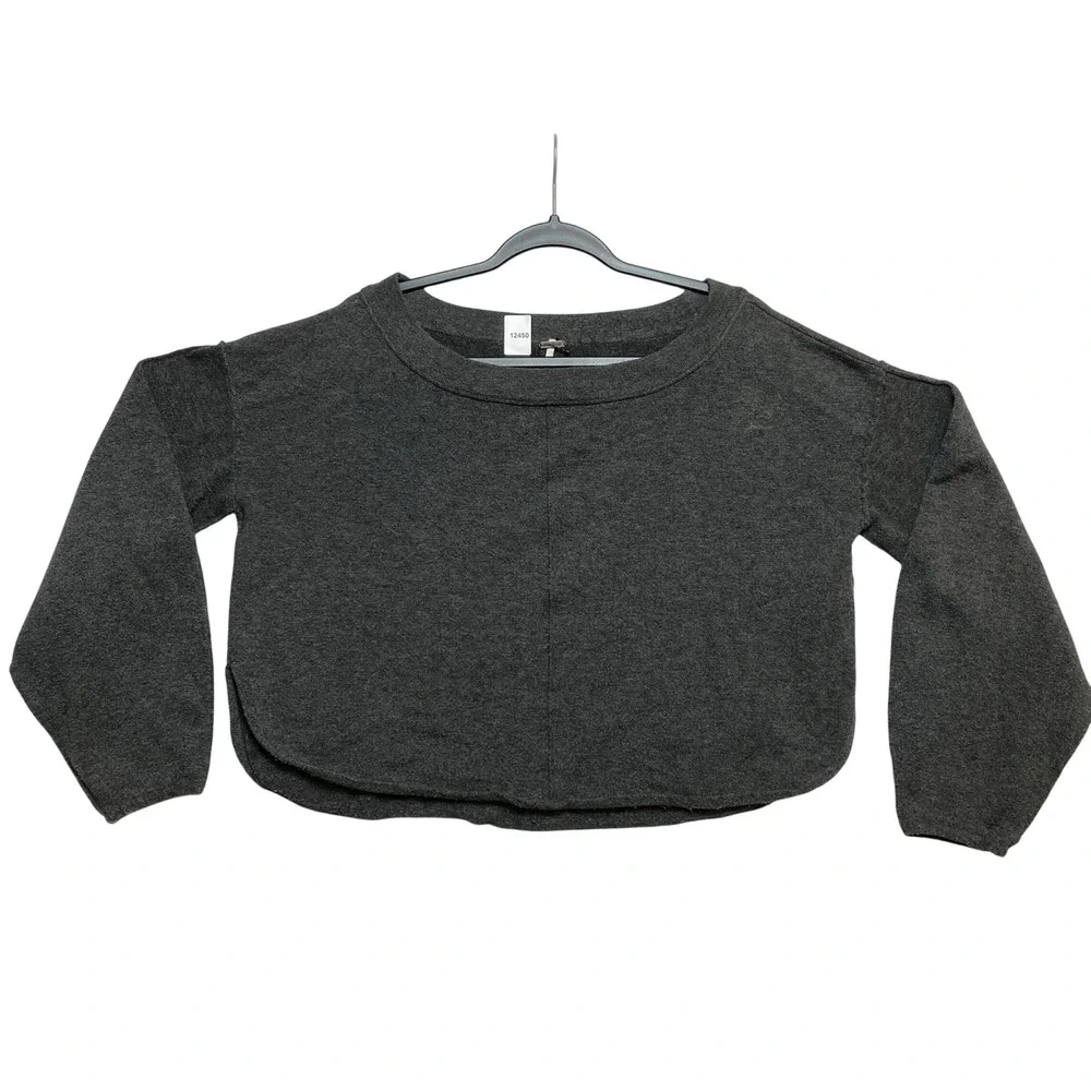 Free People Sweater Womens XS Grey Cropped Boxy Scoop Neck Raw Hem